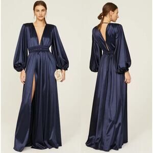 Bronx and Banco Zoe Metallic Blouson-Sleeve Gown Size S Blue Satin Formal Gala